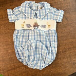 Three Sisters Bubble Ruffle Romper Noah’s Ark 6 month blue gingham NWT cl